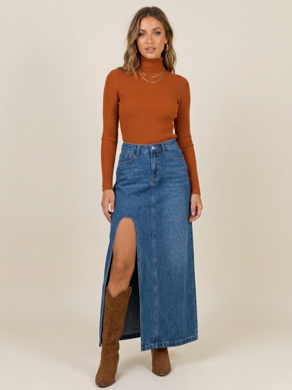 Princess Polly High Waisted Denim Maxi Skirt with Front Slit fall styled casual
